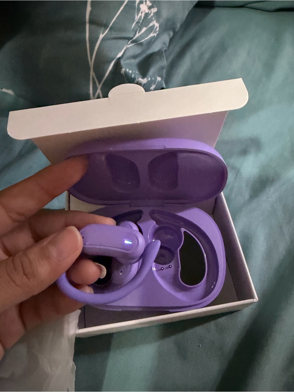 Amazon Purple Wireless Earbuds with Ear-Hooks and Charging Case